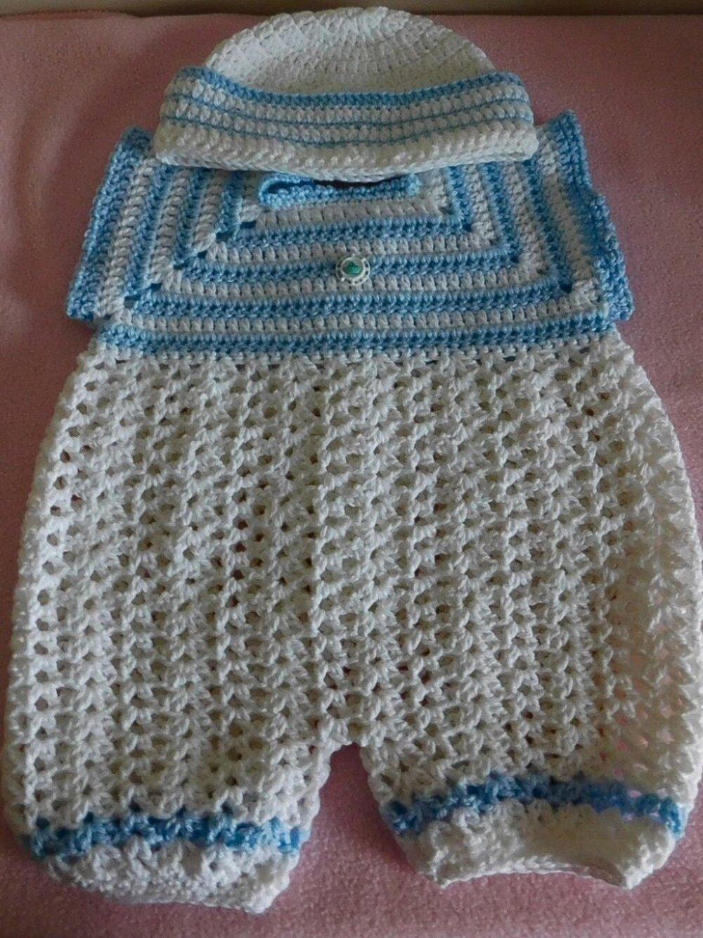 Blue Crochet Baby Romper and Hat Set, Newborn Outfit, Baby Photo Prop, Handmade